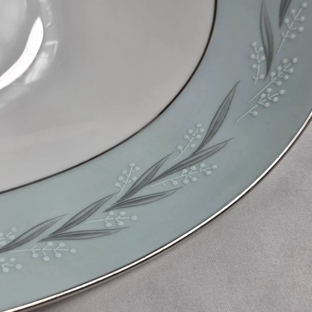 Noritake Sheldon Serving Bowl 10 Inch White with Aqua Band and White Flowers